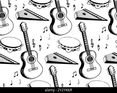 Folk musical instruments. Russian musical instruments, guitar, tambourine, gusli, notes. All objects are hand-drawn in vector in black Stock Vector