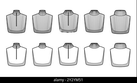 Set of Add-on Knit Collars detachable accessories with zipper fastening Turtleneck Sweater technical fashion illustration. Flat jumper apparel front white grey color style. Women men unisex CAD mockup Stock Vector