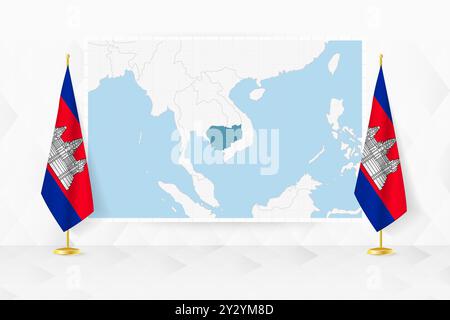 Map of Cambodia and flags of Cambodia on flag stand. Vector illustration for diplomacy meeting. Stock Vector