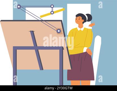 Architect Woman at Drafting Table Stock Vector