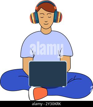 Woman in headphones with laptop is working. Vector illustration Stock Vector