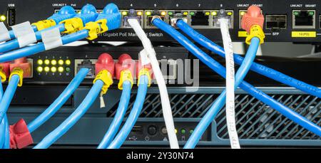 Network hub with LAN cable connected to patch cables connected to internet data center Stock Photo