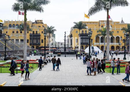 Architectural detail of the Plaza Mayor of Lima, Peru, located in the city’s historic center and surrounded by many of Lima’s historical landmarks. Stock Photo