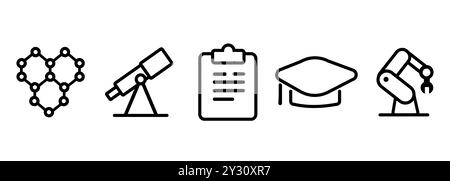 icon set of nano technology materials telescope astronomy space research university cap robotic arm manufacturing in line outline style Stock Vector