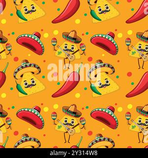 Colorful tacos, sombreros, and chili peppers illustration Stock Vector