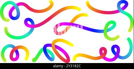 3D rainbow gradient lines. Fluid color vector elements on white background. Wavy blend swirl stripes. Dynamic twisted flowing strokes for posters and Stock Vector