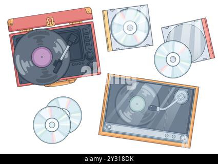 Vintage record players set isolated on white background. Contemporary vector cartoon illustration of retro vinyl on gramophone, CD discs in plastic boxes, music equipment, nightclub dj turntable Stock Vector