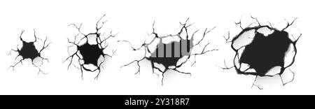 Broken concrete wall or ground. Realistic 3d vector set of cracks and holes various size in break stone surface. Old or damaged by earthquake texture. Destruction effect with fissure and fracture. Stock Vector