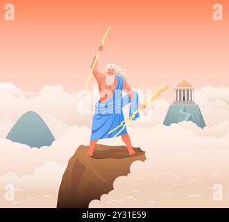 Greek God Zeus. Poster with father of Gods, god of lightning and thunder standing on top of Olympus. Character from ancient Greek mythology. Cartoon Stock Vector