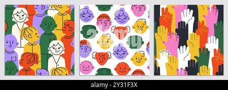 Diverse colorful people seamless pattern. Repeating templates with cute characters, hands and smiling faces. Friendship, community and team. Doodle Stock Vector