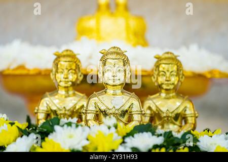 Portrait of three Golden boy Kumanthong top altar with flower. Kumanthong is be soul of a boy and superstition about spiritual in Thailand. Stock Photo