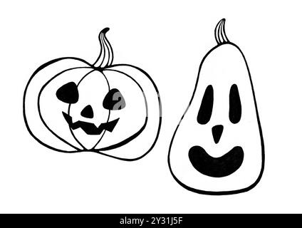Set of two Halloween Pumpkins Jack Lanterns. Different pumpkins with cut out faces. Black outline and fill on the eyes, noses, smiles. Isolated on whi Stock Photo