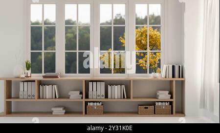 A front view of a lower bookcase against the window in a bright contemporary Scandinavian room with a stunning autumn nature view. 3d render, 3d illus Stock Photo