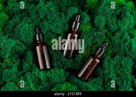 Brown glass dropper bottles arranged on green moss in a natural setting Stock Photo
