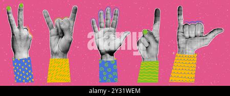 Set of retro halftone human hands gestures with doodle elements. Vector elements in pop art style. Stock Vector