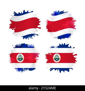 Set of grunge isolated staines with Costa Rican flag background. Creative flags of Costa Rica with brush stroke shaped clipping mask. Brushing strokes Stock Vector