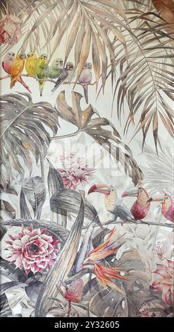 An Artwork of floral mural pattern, modern floral wallpaper printed or mural paints on wall, in cherry blossom flower, colorful birds, flowers, and br Stock Photo