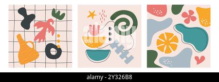 Contemporary cards set with modern abstract nature elements, organic geometric shapes or naive art forms. Poster with hand drawn simple freeform, liquid blobs, irregular objects or deformed figures Stock Vector