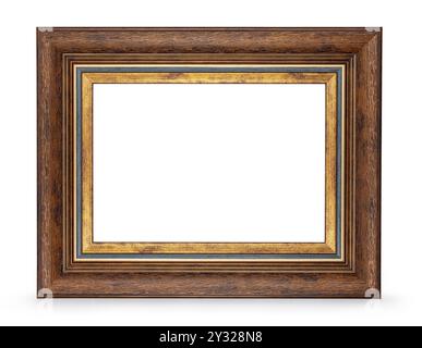 Empty classic brown picture frame with golden details is standing on white background, isolated on a white background Stock Photo