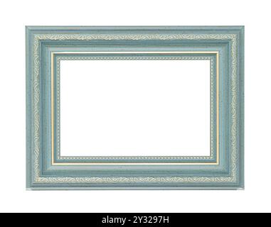 Empty turquoise blue vintage wooden frame with ornaments isolated on white background Stock Photo
