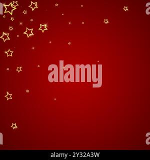 Gold sparkling star confetti. Chaotic dreamy childish overlay template. Festive stars vector illustration on red background. Stock Vector