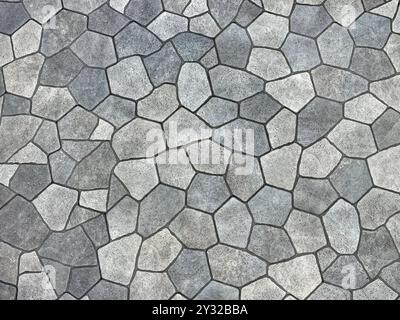 Seamless flagstone outdoor paving textures, cobblestone cut flat in random pieces, grey, light grey, charcoal color. Monochrome stone slabs. Pavements Stock Photo