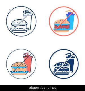 No fastfood icon set in flat and line style. Fast food prohibited, forbidden sign with hamburger and cola drink. Vector illustration. Stock Vector