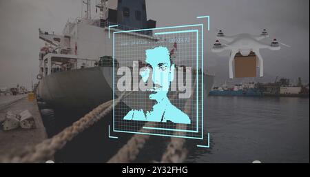 Image of eco icons and data processing over drone with box and sea port Stock Photo