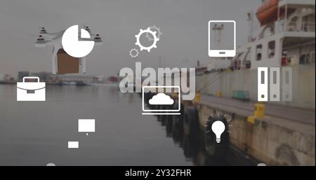 Image of eco icons and data processing over drone with box and sea port Stock Photo