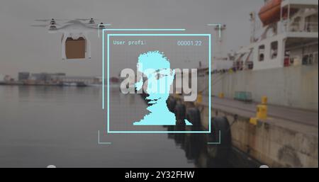 Image of biometric and data processing over drone with box and sea port Stock Photo