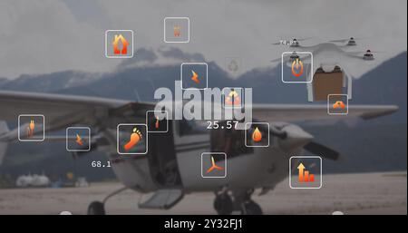 Image of eco icons and data processing over drone with box and plane Stock Photo