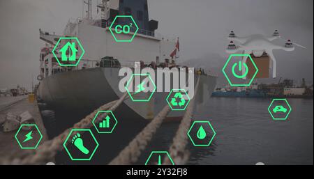 Image of eco icons and data processing over drone with box and sea port Stock Photo