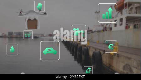 Image of eco icons and data processing over drone with box and sea port Stock Photo