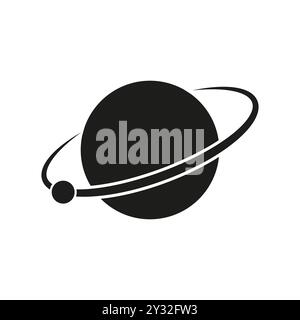 Planet with rings icon. Celestial body graphic. Simplified Saturn-like symbol. Black and white vector. Stock Vector