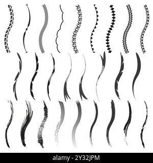 Decorative line brush set. Various black strokes and patterns. Curved and dynamic shapes. Bold artistic design. Stock Vector