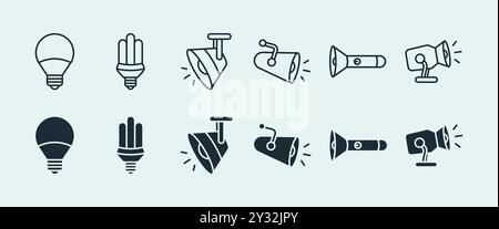 Various designs simple field and line stroke electric light or bulb icon set Stock Vector