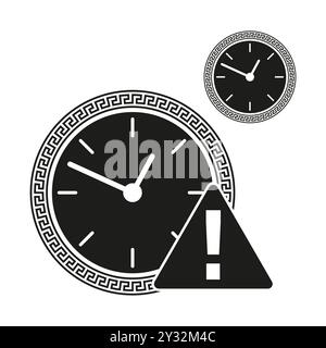 Clock with alert symbol. Black and white design. Time warning with exclamation mark. Circular and triangular shapes. Stock Vector