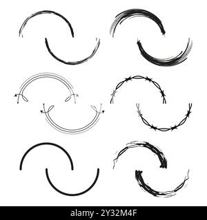 Abstract circular brush strokes. Hand drawn arrows and barbed wire. Dynamic grunge curves. Vector ink shapes. Stock Vector