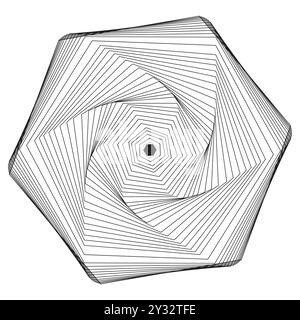 Abstract geometric spiral. Rotating hexagonal lines. Optical illusion shape. Black and white vector. Stock Vector