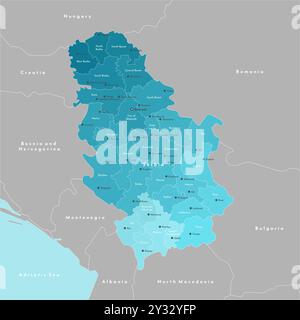 Vector modern illustration. Simplified administrative map of Serbia including Kosovo. Border with nearest states Romania, Bulgaria, Hungary and etc. B Stock Vector