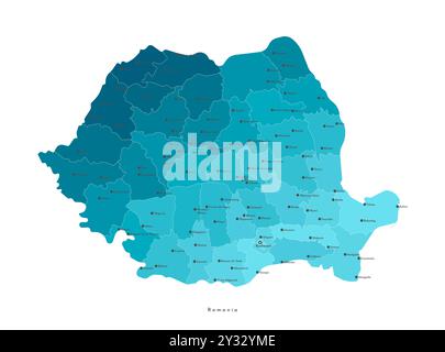 Vector modern illustration. Simplified administrative map of Romania. Blue gradient effect. Names of cities and regions, counties Stock Vector