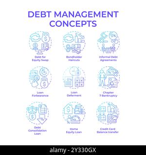 Debt management blue gradient concept icons Stock Vector