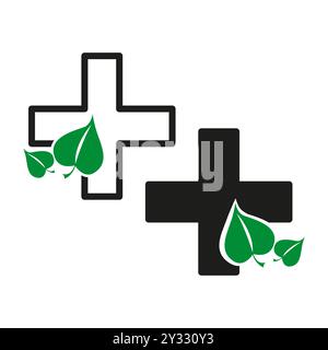 Medical cross icon. Green leaf accents. Nature health symbol. Bold contrast design. Stock Vector
