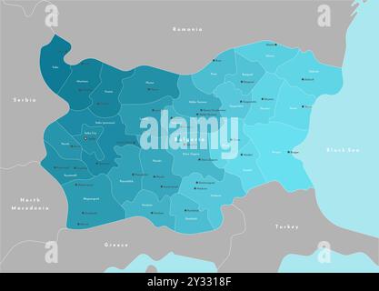 Vector modern illustration. Simplified administrative map of Bulgaria. Border with nearest states Sebia, Greece and etc. Blue background of Black sea. Stock Vector