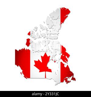 Vector isolated simplified illustration icon with silhouette of Canada map. National Canadian flag with Maple Leaf, red, white colors. White backgroun Stock Vector