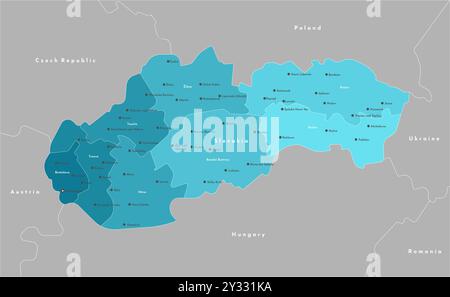 Vector modern illustration. Simplified administrative map of Slovakia. Border with nearest states as Hungary, Poland and etc. Names of cities and regi Stock Vector