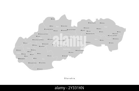 Vector isolated modern illustration. Simplified administrative map of Slovakia in grey color. Names of cities and regions Stock Vector