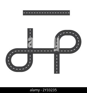 Abstract road design with dashed lines forming a loop and straight path. Minimalist black highway concept. Stock Vector