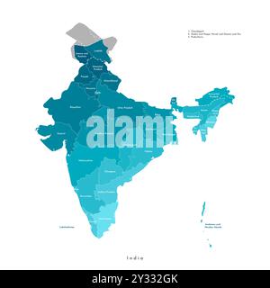 Vector modern isolated illustration. Simplified administrative blue map of India. White background. Names of regions, borders Stock Vector