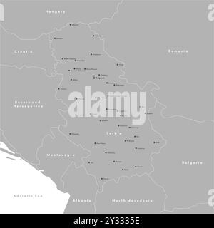Vector modern illustration. Simplified administrative map of Serbia including Kosovo. Border with nearest states Romania, Bulgaria, Hungary and etc. W Stock Vector
